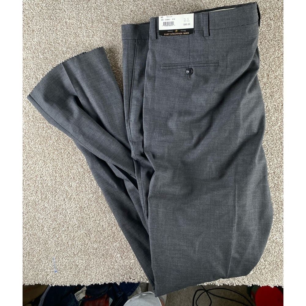 NEW Hart Schaffner Marx Wool Pants Men 46L (46x36) Flat Front Unhemmed Gray Prep